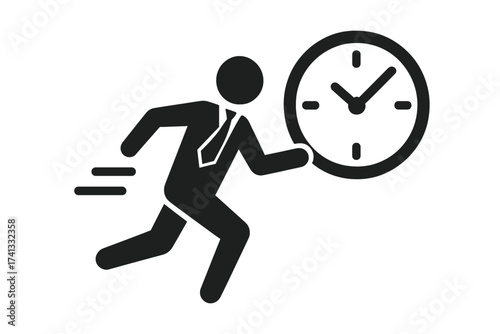 Businessman rushing against time for a deadline. Man running with clock, hurry for schedule appointment. Concept of time management, pressure, urgency and being late. Vector icon.