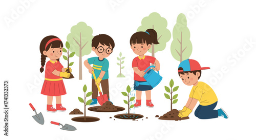 Cartoon illustration of a diverse group of happy children planting young tree saplings together in a park.