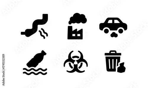 Environmental pollution icons set: waste, emissions, and contamination symbols