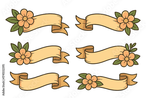 Set of retro ribbon banners with flowers. Vintage scroll collection for text. Hand drawn floral labels and tags. Decorative elegant old school tattoo style vector illustration.