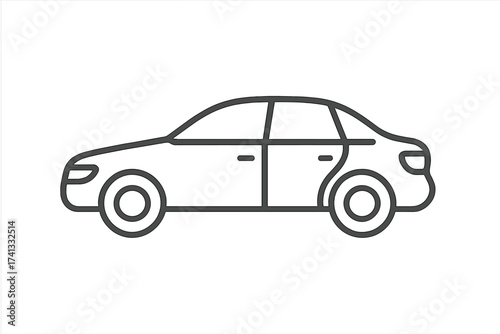 Car side view vector thin line icon. Outline minimal illustration of an automobile. Sedan transportation vehicle symbol. Simple line art for auto service, taxi, rental, or traffic.