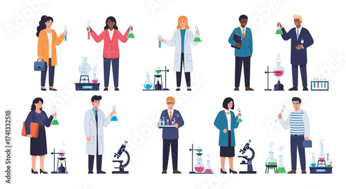 Diverse Scientists Holding Beakers and Lab Equipment in Laboratory Setting.