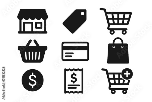 Shopping icon set for e-commerce and retail. Vector glyph collection of business and finance symbols. Includes store, cart, basket, bag, credit card, price tag, receipt.