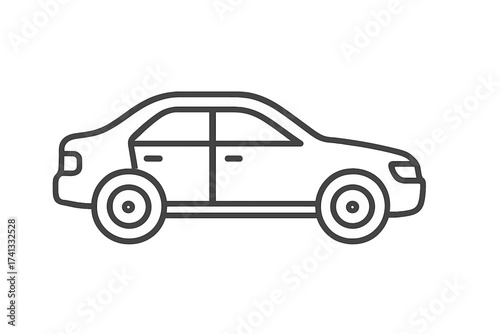 Car side view vector line icon. Simple outline automobile illustration. Transport vehicle symbol. Minimalist pictogram for auto service, rental, or driving concepts. Linear art.