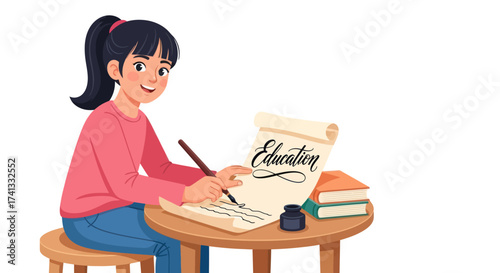 Cartoon Girl Writing on Scroll at Wooden Table with Books and Ink.