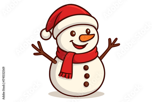 Cute smiling snowman cartoon character in Santa hat and scarf. Merry Christmas winter holiday vector illustration. Happy festive snow man design element isolated for greeting card.