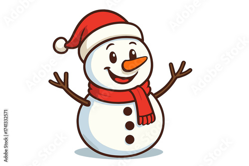 Smiling snowman cartoon character. Merry Christmas winter holiday vector illustration. Happy cute snowman in Santa hat and scarf isolated on white background for greeting card.