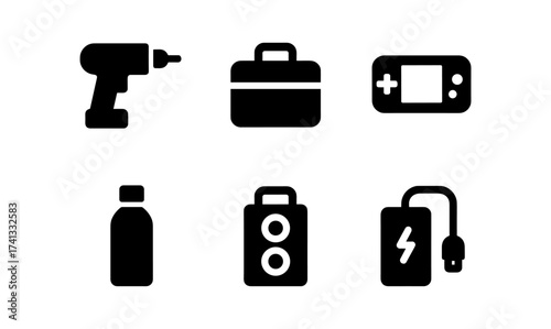 Essential silhouette icons of modern gadgets and tools for everyday use