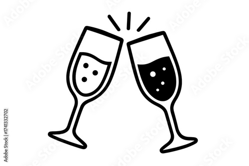 Champagne glasses clinking icon. Cheers toast vector. Celebration, party, success, new year concept. Two sparkling wine glasses. Drink, alcohol, congrats, wedding line art.