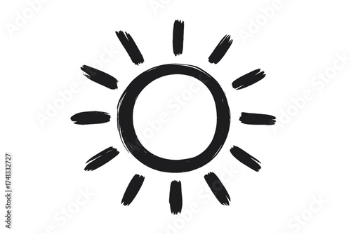 Hand drawn sun icon. Brush stroke sketch doodle style. Summer sunshine symbol. Weather forecast element. Simple black vector graphic illustration isolated on a transparent background.