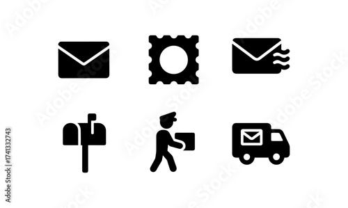 Simple mail and delivery icons: envelopes, mailbox, postman, truck illustrations in bold style