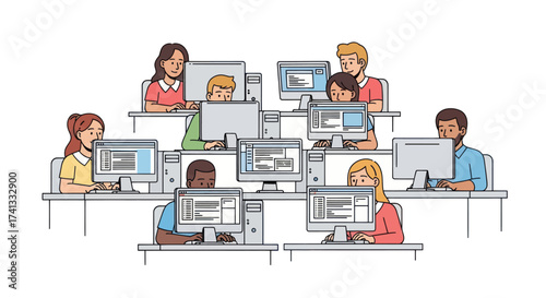 Diverse group of people working together at computers in an office setting.