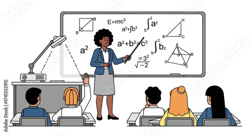 Black female teacher explaining complex math formulas and geometry on a whiteboard to students in a classroom.
