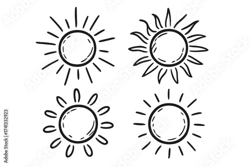 Doodle sun collection. Set of hand drawn cartoon sun icons. Cute summer sunshine sketch illustration. Simple black and white vector weather symbols for graphic design elements.