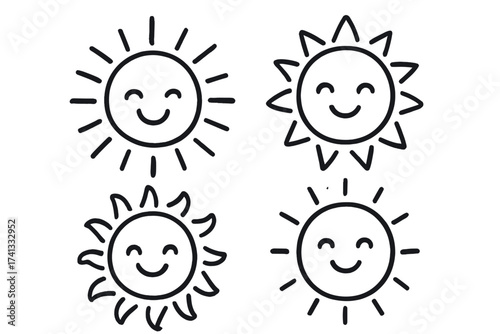 Set of cute sun icons. Hand drawn doodle smiling suns collection. Vector cartoon illustration of happy sunny weather symbols. Simple black and white line art sketch for summer.
