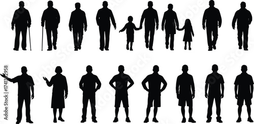 Silhouettes of diverse people walking, standing, family with children, casual lifestyle, generational concept, outdoor activity, human figures, community, togetherness
