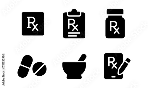 Pharmacy icons: rx prescription symbols and medicine elements in black silhouette