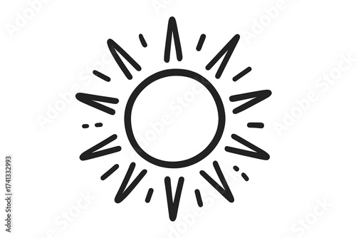 Sun doodle vector icon. Hand drawn sketch style. Summer sunbeam symbol. Sunshine, light, heat, energy concept. Weather forecast sign. Happy, cute cartoon illustration isolated.