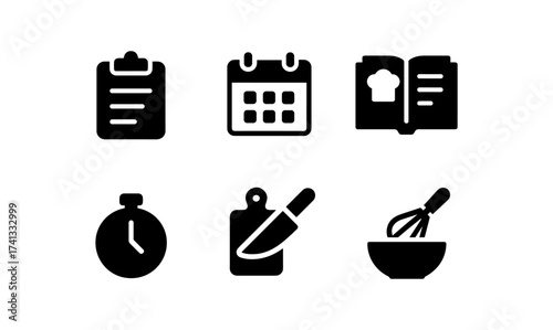 Set of six black kitchen and cooking icon silhouettes on white background