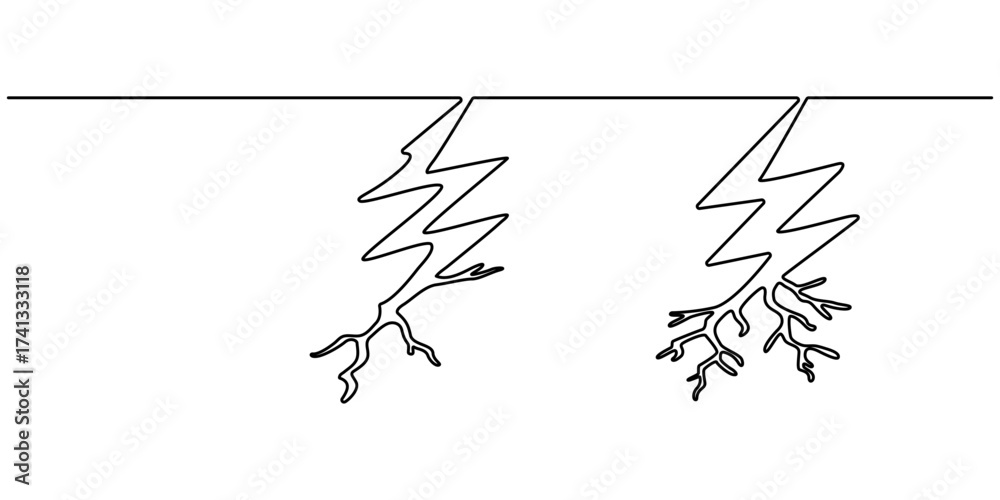 Fototapeta premium Continuous one line drawing of thundercloud and lightning storm. Cloud in the sky single line vector illustration, Continuous one line editable drawing of thundercloud and lightning concept.