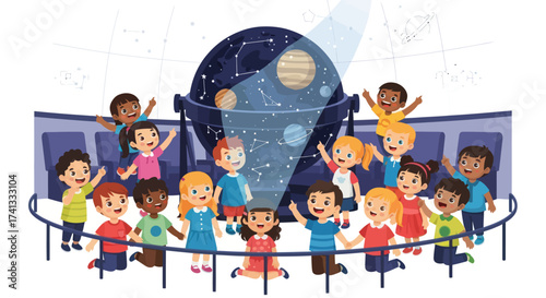 Diverse group of excited children marveling at a planetarium display of constellations and planets.