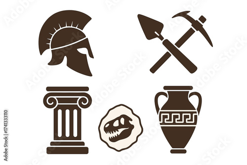 Archaeology and paleontology icon set. Ancient history symbols. Greek helmet, Roman column, dinosaur fossil, excavation tools, and antique vase. Museum artifacts vector.