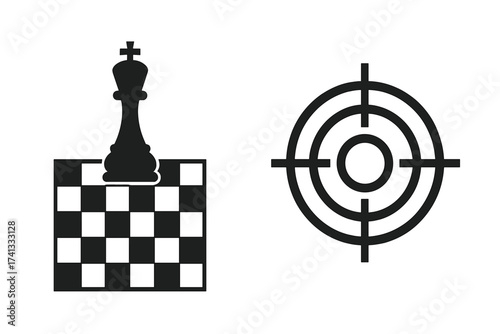 Business strategy and goal achievement icon set. Chess king checkmate and target concept. Metaphor for success, winning, objective, aim, focus, and strategic planning vector.