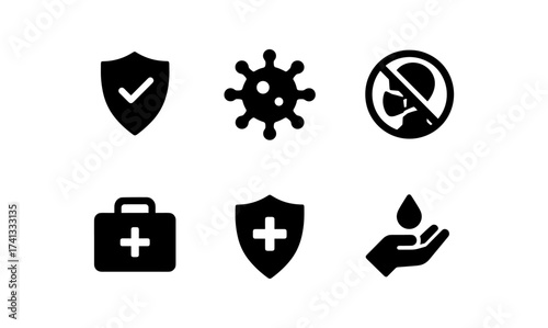 Healthcare and safety icons: shield, virus, mask, first aid, hygiene