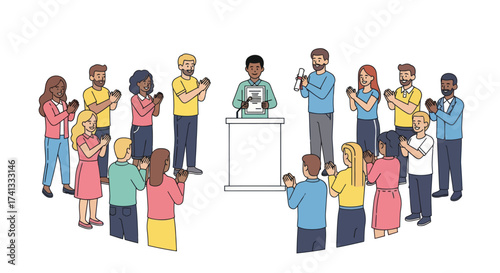 Diverse Group of People Applauding Speaker at Podium Illustration.