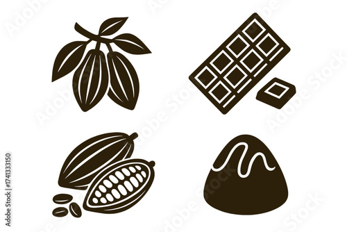 Chocolate and cocoa vector icon set. Cacao beans, pods, chocolate bar, and candy. Raw organic ingredient for dessert, sweets, and confectionery. Food symbol illustration.