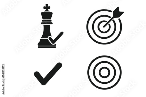 Checkmate and target icon set. Business strategy, success, and achievement concept. Hitting the mark. Goal setting and winning. Vector symbols for web and presentation.
