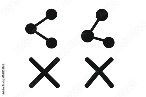 Share and close icon set. Vector symbols for connection, networking, social media, and for delete, remove, or cancel actions. Flat minimalist UI and UX web button design.