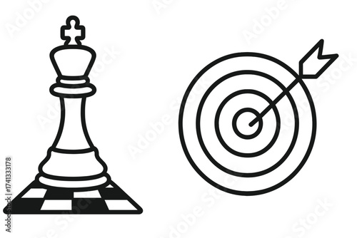 Business strategy for success and achieving goals. Vector icon set with chess king and target with arrow. Metaphor for winning, checkmate, leadership, precision, and objective.