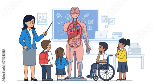 Teacher Explaining Human Anatomy to Diverse Students with Anatomical Model in Classroom.