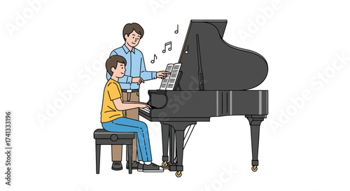 Male piano teacher instructing a young student playing a black grand piano.