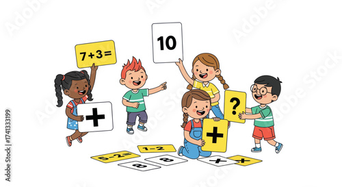 Happy diverse children learning basic addition math using flashcards.