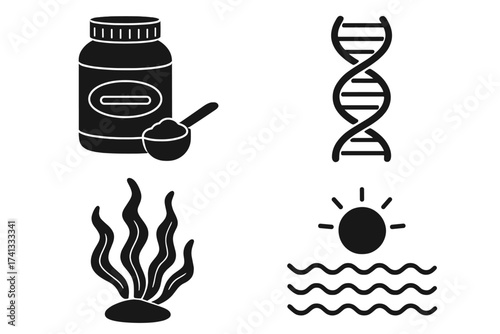 Protein powder supplement container with scoop, DNA double helix strand, underwater seaweed plant, and sunset over ocean waves. Natural health, science, nutrition, marine symbols.
