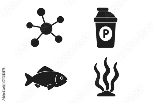 Protein molecule and marine life vector icons collection, including protein structure, protein shaker bottle, fish silhouette, and seaweed illustration, isolated set