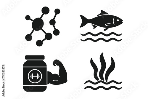 Protein molecule symbol, fish and seaweed marine life, muscle building supplement jar with bicep flex, natural health and fitness icons, vector illustration set with transparent background