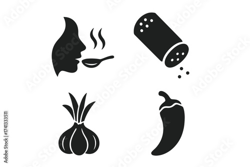 Vector illustration of taste and seasoning icons. Organic flavor symbols including spoon tasting, salt shaker, garlic bulb, and chili pepper. Food spice and culinary flavor set.