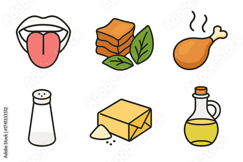Vector illustration of taste sensation and cooking ingredients icons, including tongue, spices, fried chicken leg, salt shaker, butter, and oil bottle for culinary concept, vibrant food symbols