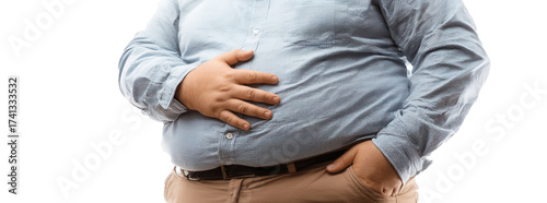 Overweight man holding his belly promotes healthy lifestyle choices in wellness journey