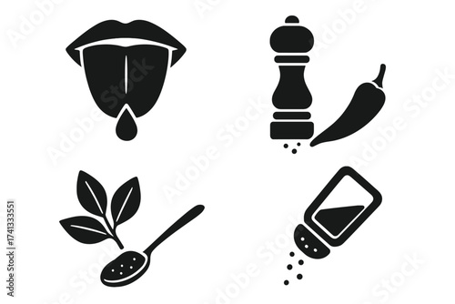 Vector illustration of taste and seasoning icons with natural, organic elements, lips with droplet, pepper grinder, chili pepper, spoon with herbs, and shaken salt for cooking and flavor concept