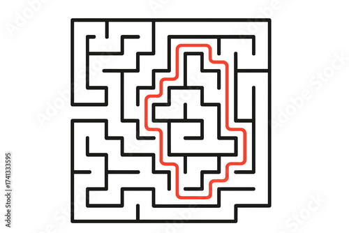 Vector maze with solution, labyrinth puzzle template with marked path, editable vector illustration, entertainment and leisure game design with transparent background