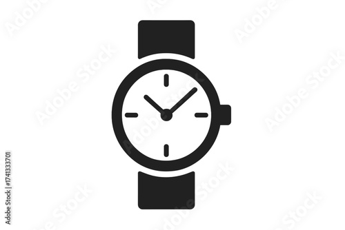 Minimalist wristwatch clock icon vector, simple timepiece illustration with clean design, black silhouette watch face with strap, classic analog time indicator, isolated on transparent background