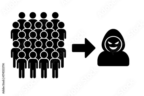 Crowd of people turning into a single villain figure, transformation concept, group to sinister hacker, identity change, anonymity, cybercrime, malicious intent, dark hooded character silhouette