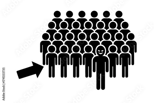 Vector illustration group of people with one highlighted bad or evil person standing out, concept individual vs crowd, social conflict, contrast, unique character, anonymous figures
