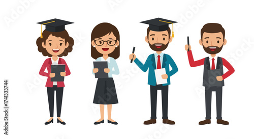 Diverse group of cartoon academics in graduation caps holding books and pointers.