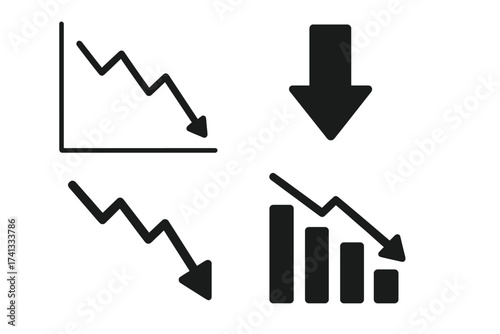 Set of black downward trend arrows and graphs, decline business icons, falling chart symbols, financial loss, decreasing sales performance vector illustration with transparent background