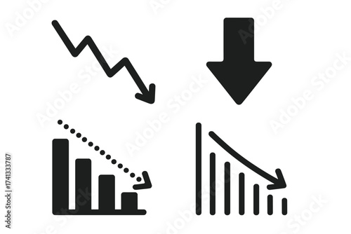 Declining trend arrow set with falling bar graphs, downtrend charts, decrease symbols, financial loss concept, negative growth indicators, vector illustration with transparent background